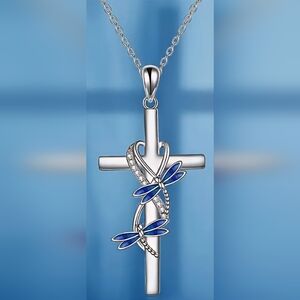 Silver and Blue Dragonfly Cross Pendant